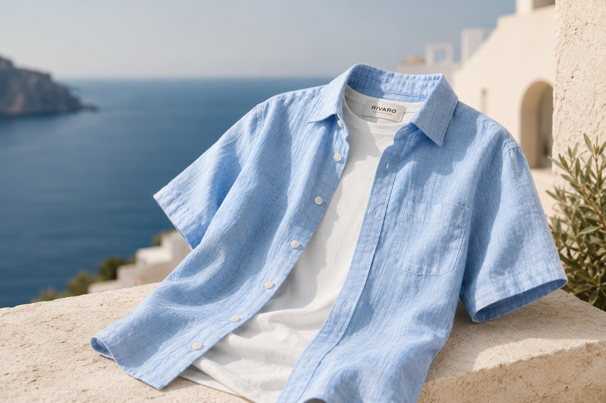 Men's light blue short sleeve linen shirt overlooking the Mediterranean sea - Rivaro