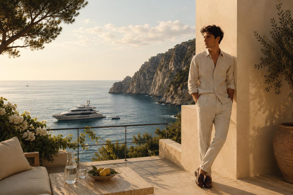 RIVARO premium men's linen clothing and Mediterranean coastal resort wear collection hero banner