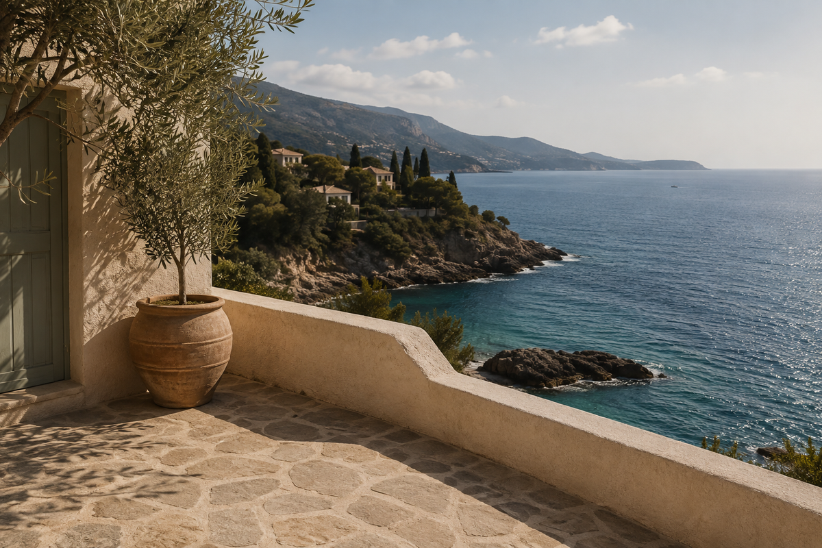 Sunlit Mediterranean terrace with olive tree overlooking coastal sea - RIVARO Contact Us