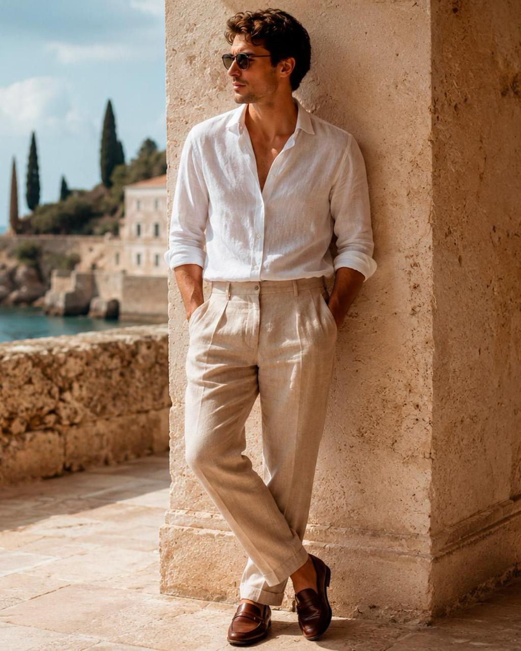 Model wearing classic white linen shirt and beige pleated trousers in Mediterranean coastal setting - RIVARO Heritage