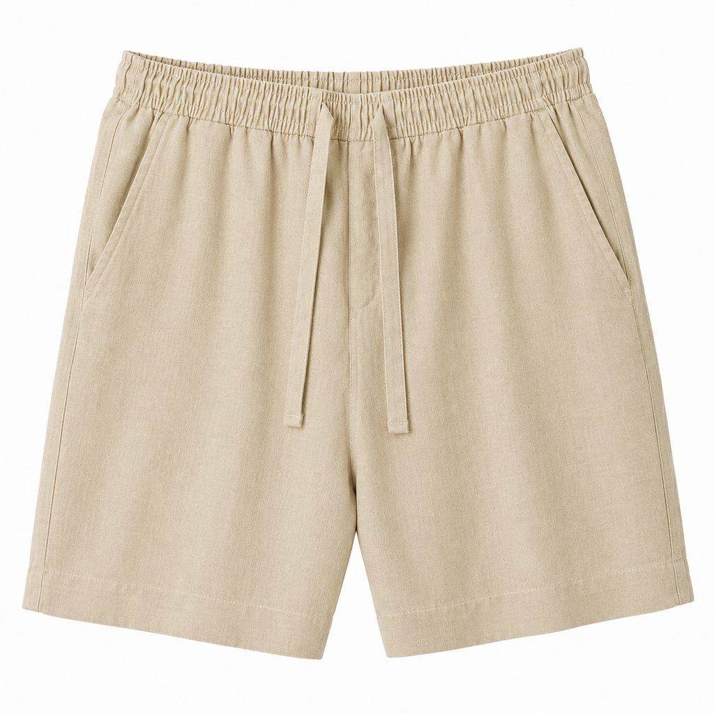 Men's beige linen drawstring shorts on white background - Rivaro