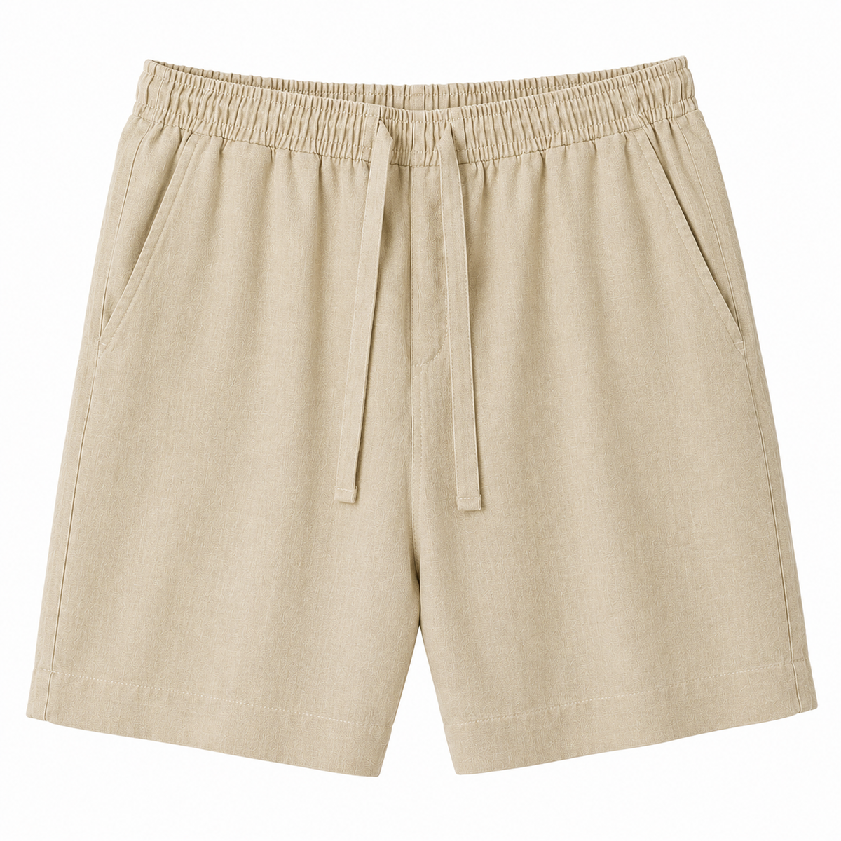 Men's beige linen drawstring shorts on white background - Rivaro