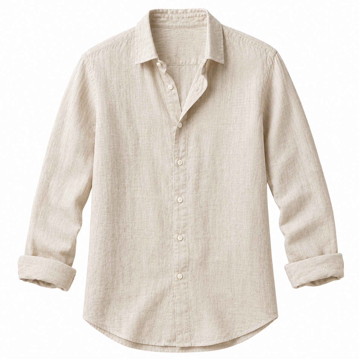 Men's beige long-sleeve linen button-down shirt on white background - Rivaro