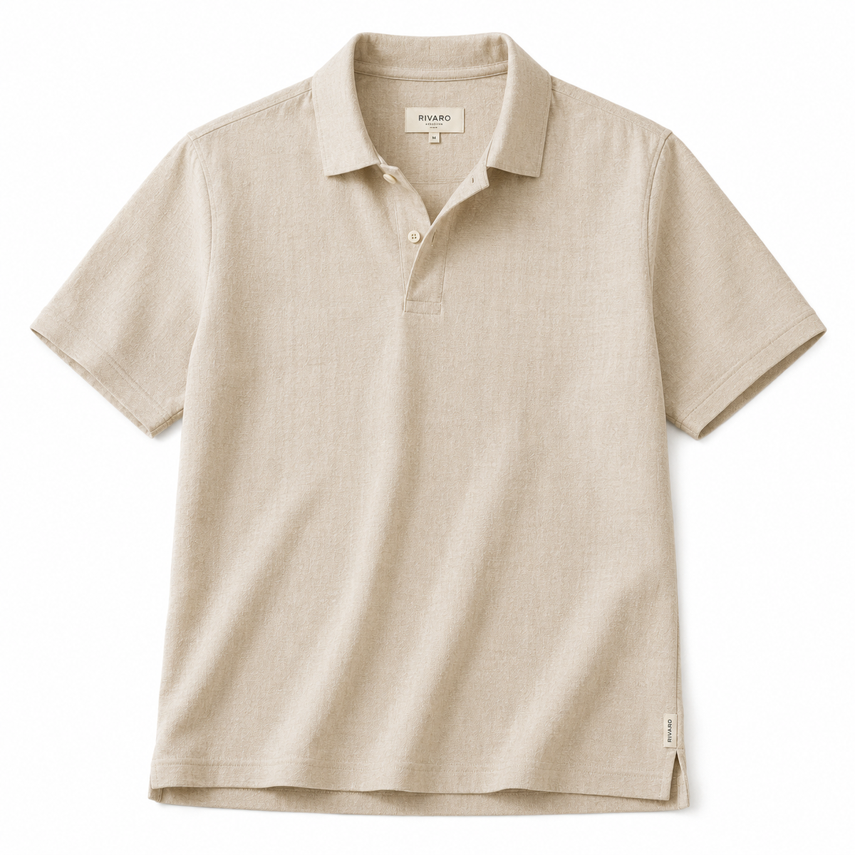 Men's beige short-sleeve linen polo shirt on white background - Rivaro