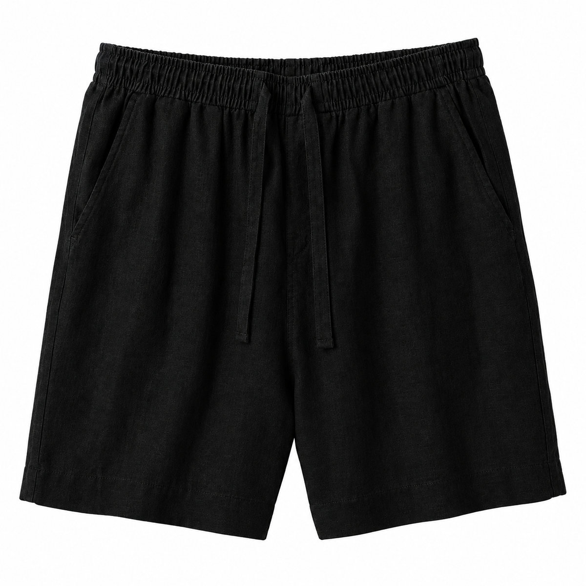 Men's black linen drawstring shorts on white background - Rivaro