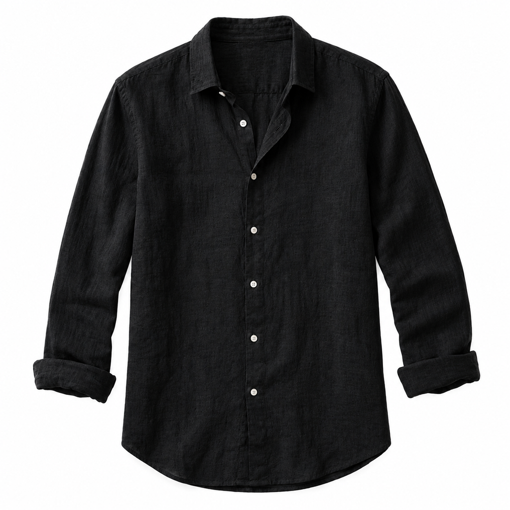 Men's black long-sleeve linen button-down shirt on white background - Rivaro