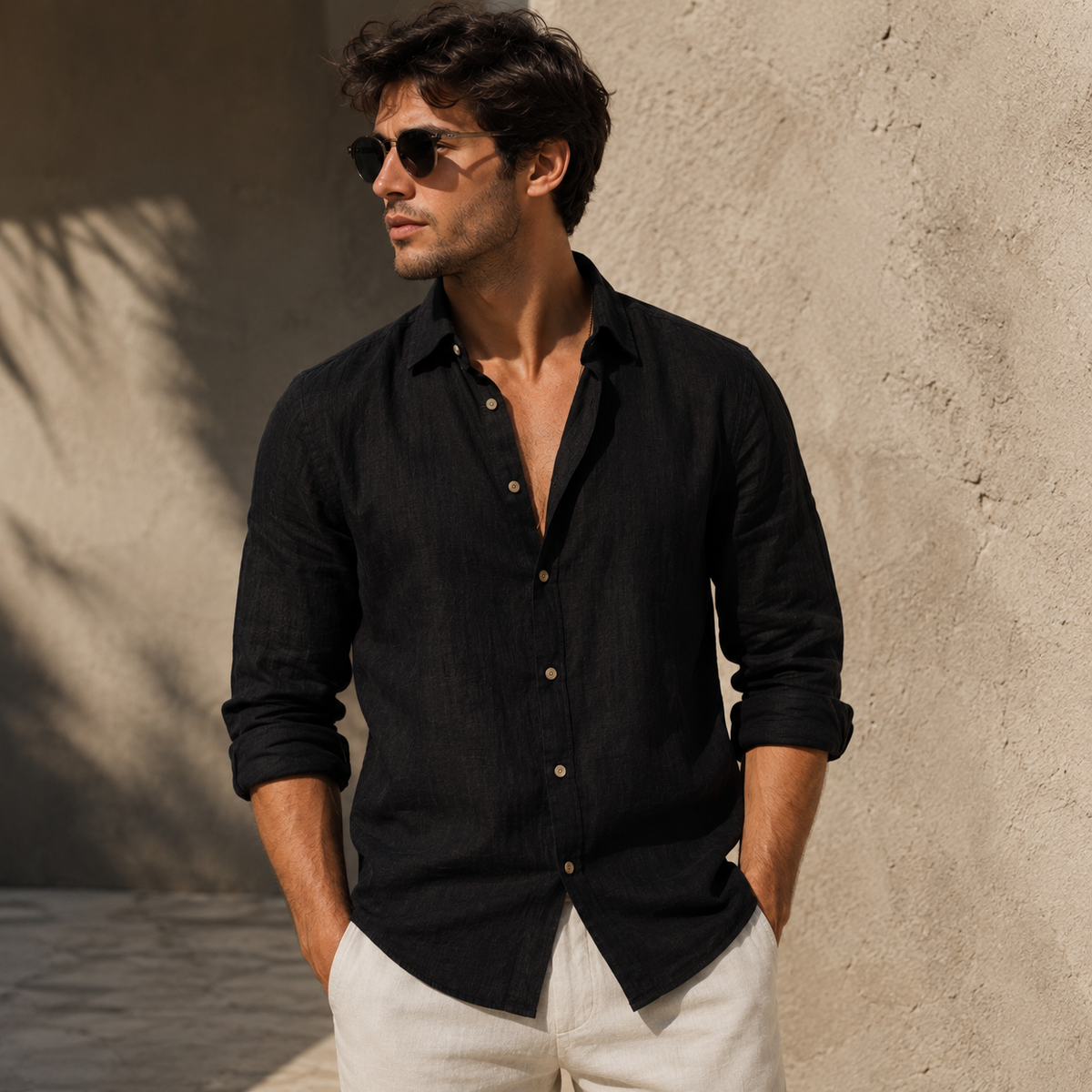 Model wearing men's black linen button-down shirt paired with white trousers - Rivaro
