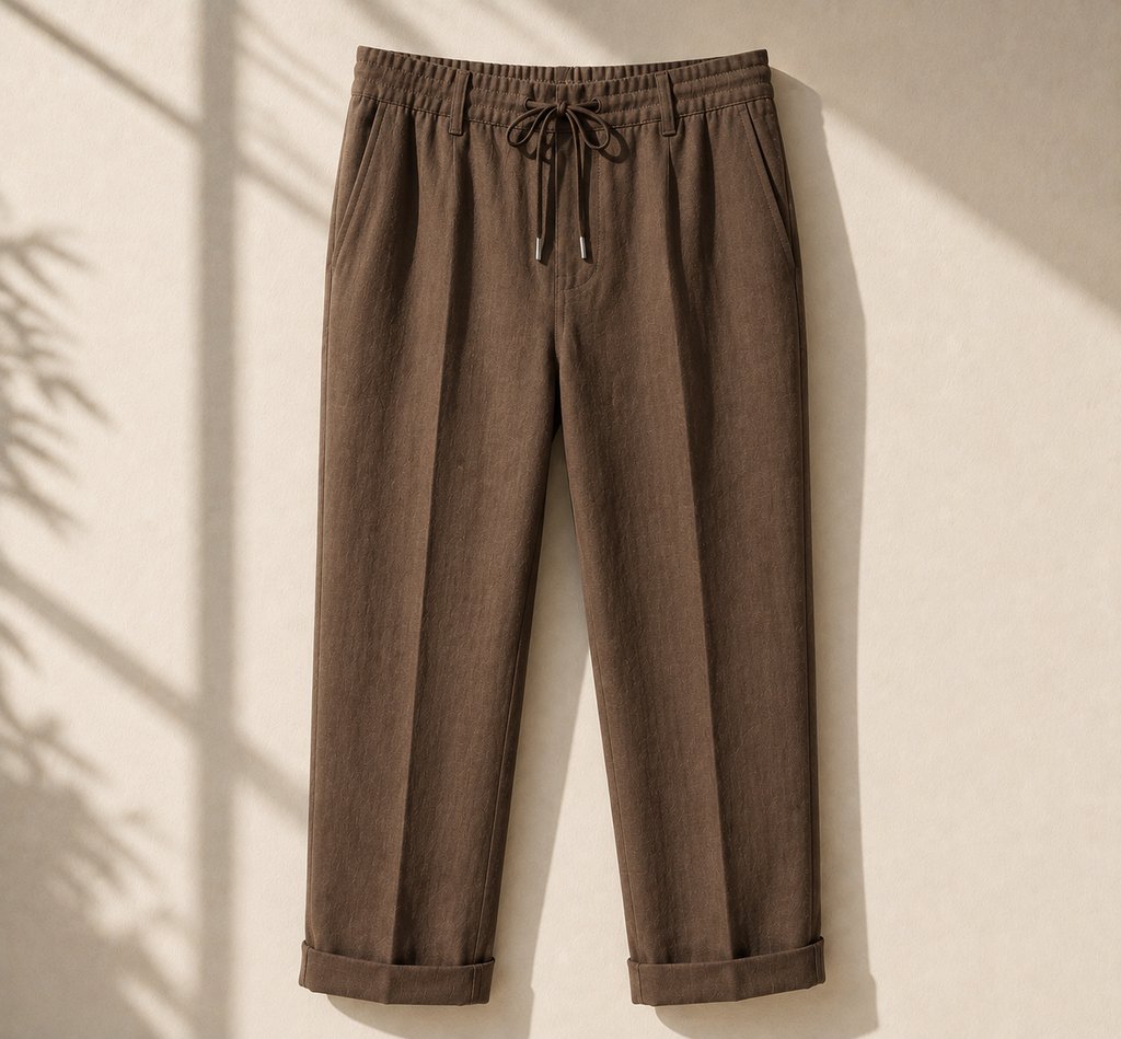 Men's brown linen drawstring pants relaxed fit on neutral background - Rivaro