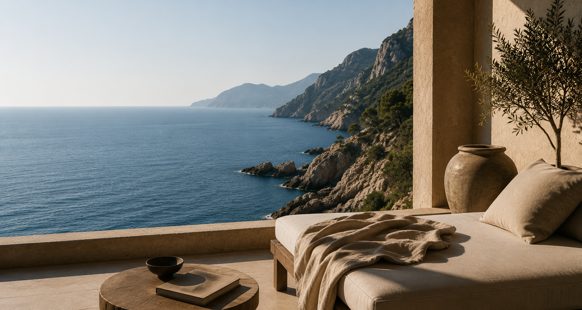 Mediterranean terrace overlooking the sea featuring relaxed linen lifestyle and resort wear - RIVARO