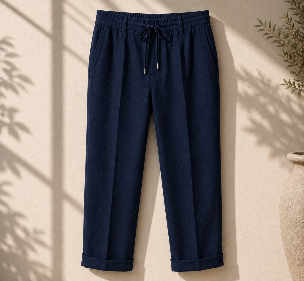 Men's navy blue linen drawstring pants relaxed fit on neutral background - Rivaro