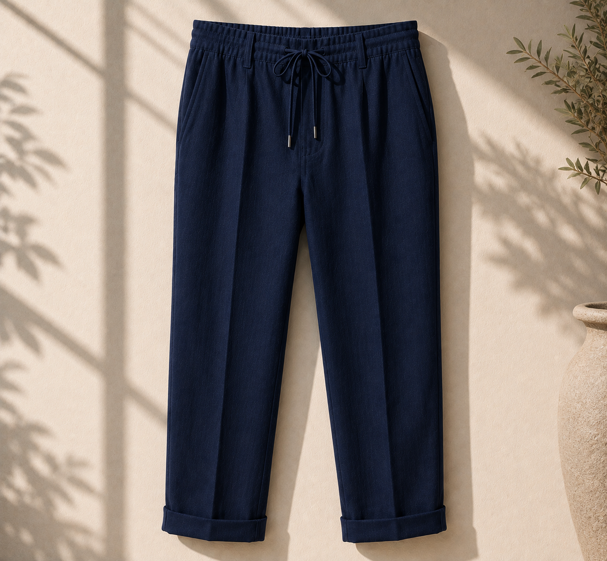Men's navy blue linen drawstring pants relaxed fit on neutral background - Rivaro