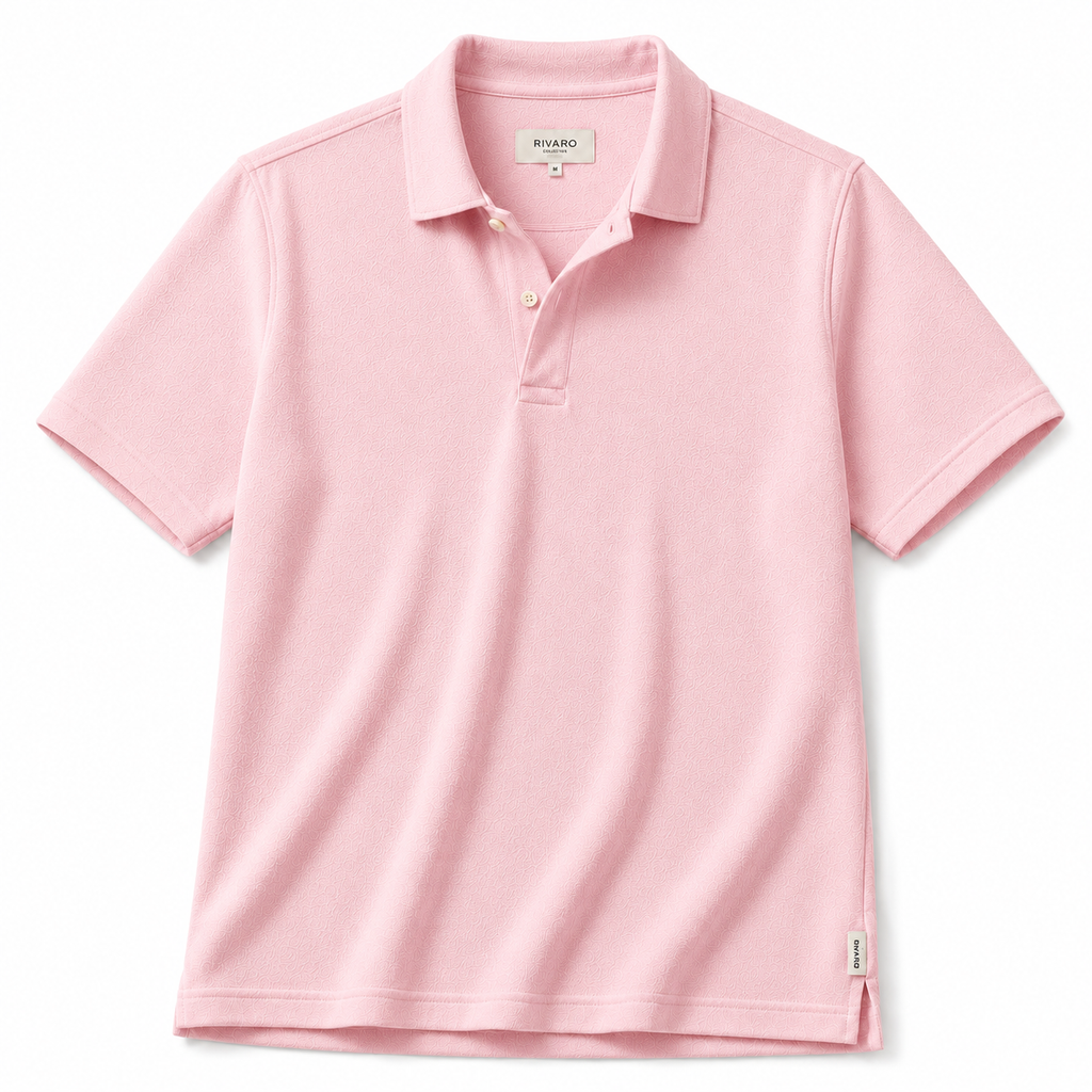 Men's pastel pink short-sleeve linen polo shirt on white background - Rivaro