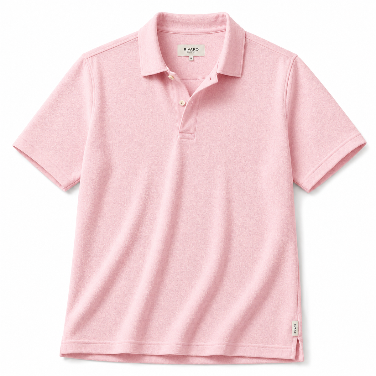 Men's pastel pink short-sleeve linen polo shirt on white background - Rivaro