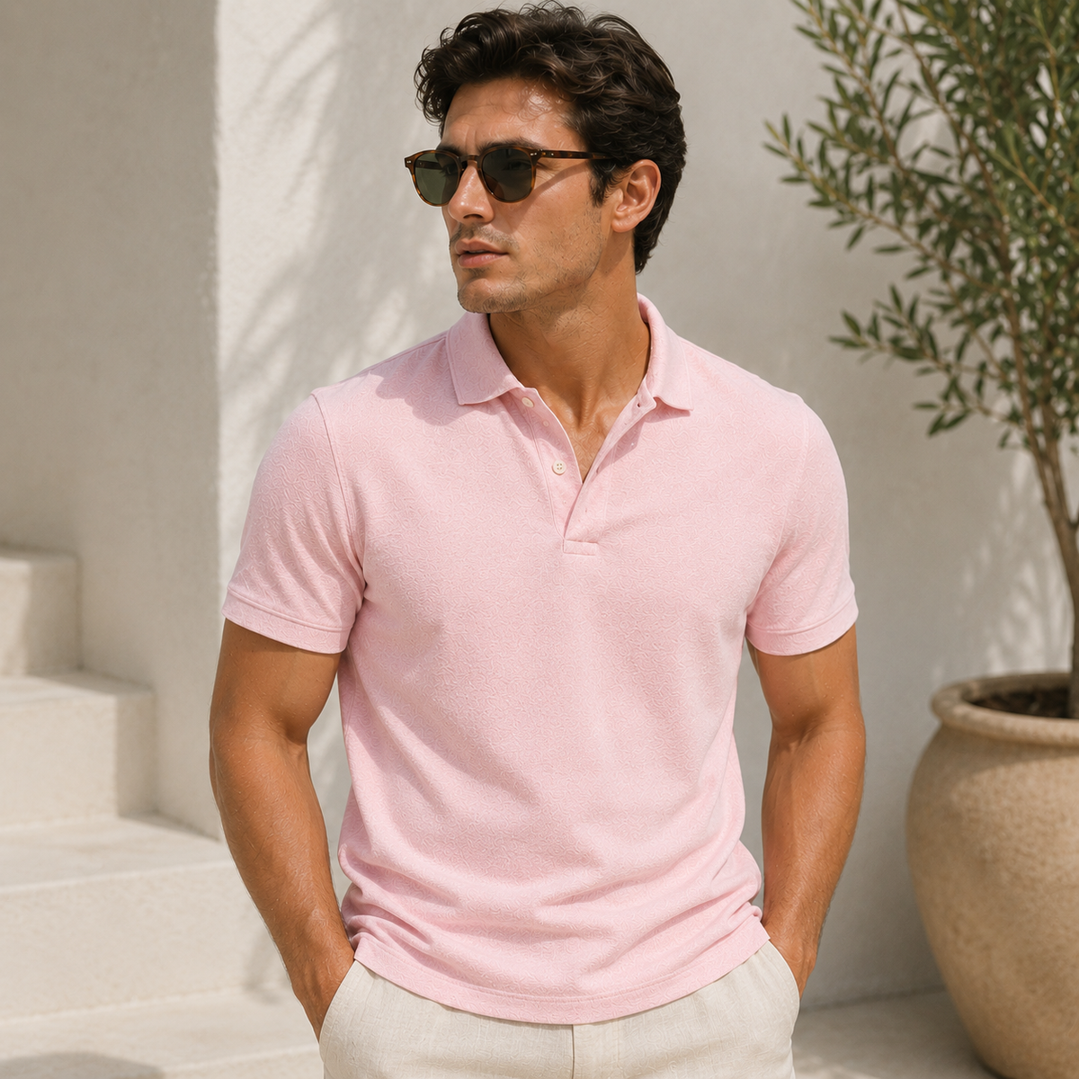 Model wearing men's pastel pink linen polo shirt in sunlit Mediterranean terrace - Rivaro