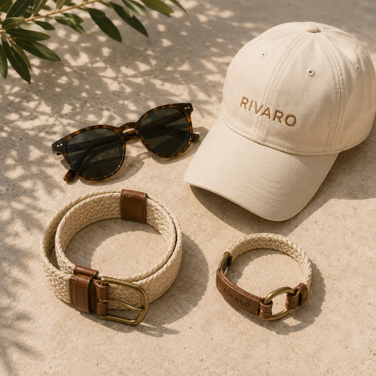 Men's resort wear accessories including cap, sunglasses, and braided belt - Rivaro