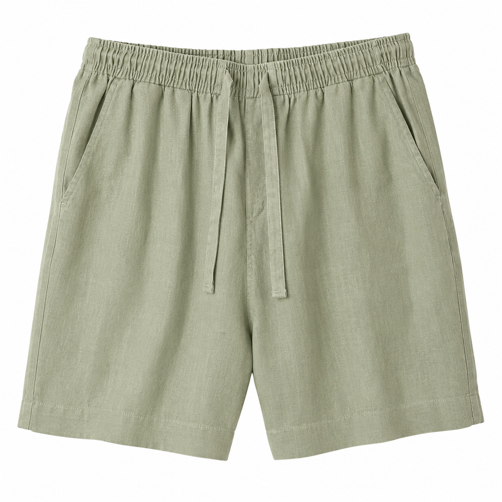 Men's sage green linen drawstring shorts on white background - Rivaro