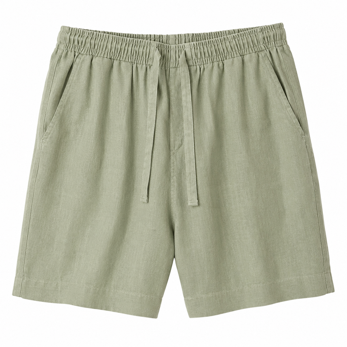 Men's sage green linen drawstring shorts on white background - Rivaro