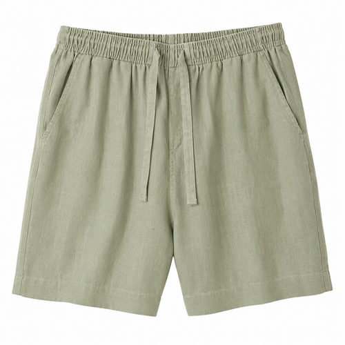Men's sage green linen drawstring shorts on white background - Rivaro