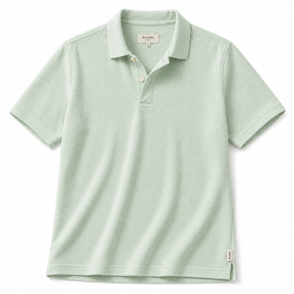 Men's sage green short-sleeve linen polo shirt on white background - Rivaro
