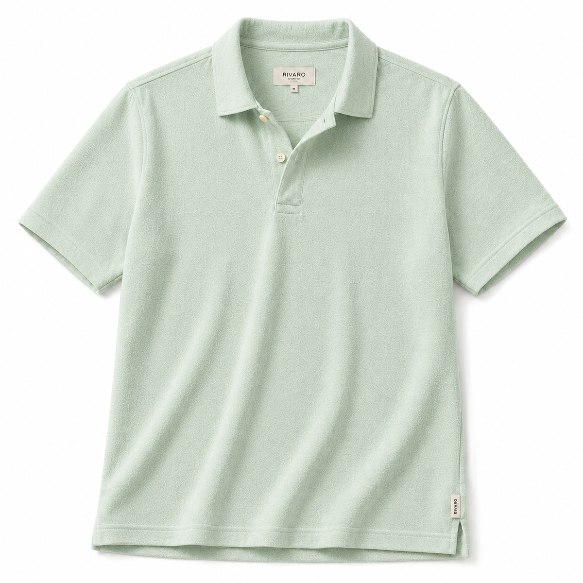 Men's sage green short-sleeve linen polo shirt on white background - Rivaro