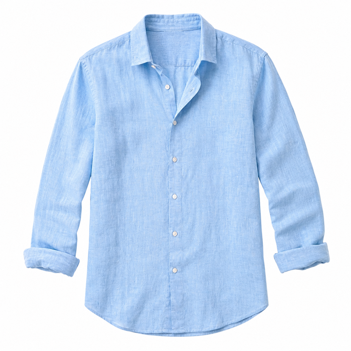 Men's sky blue long-sleeve linen button-down shirt on white background - Rivaro