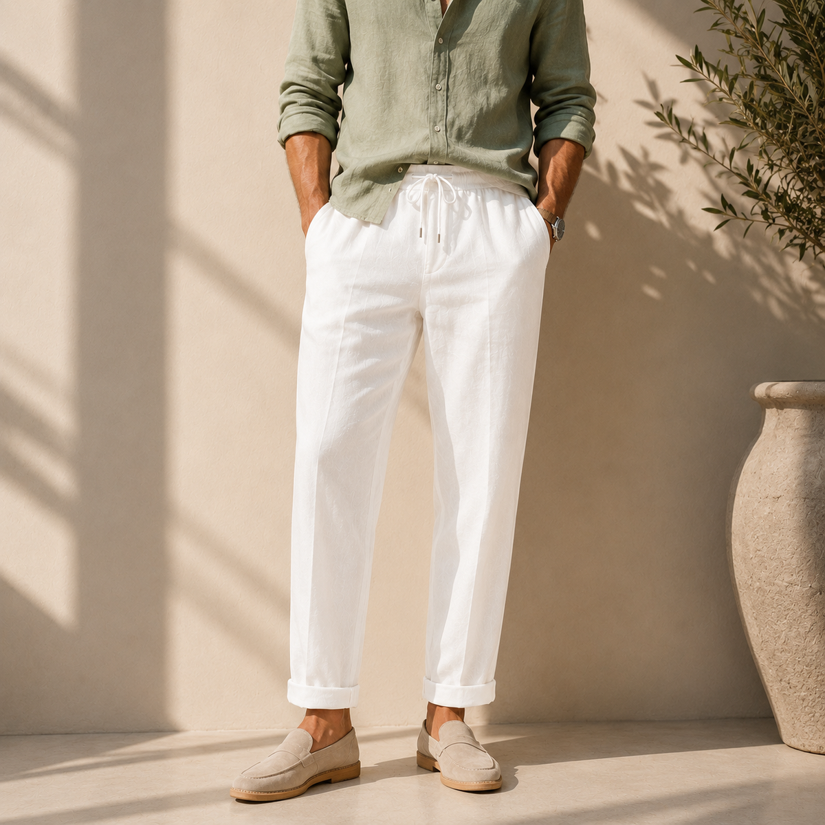 Model wearing men's white linen drawstring trousers paired with olive green shirt - Rivaro