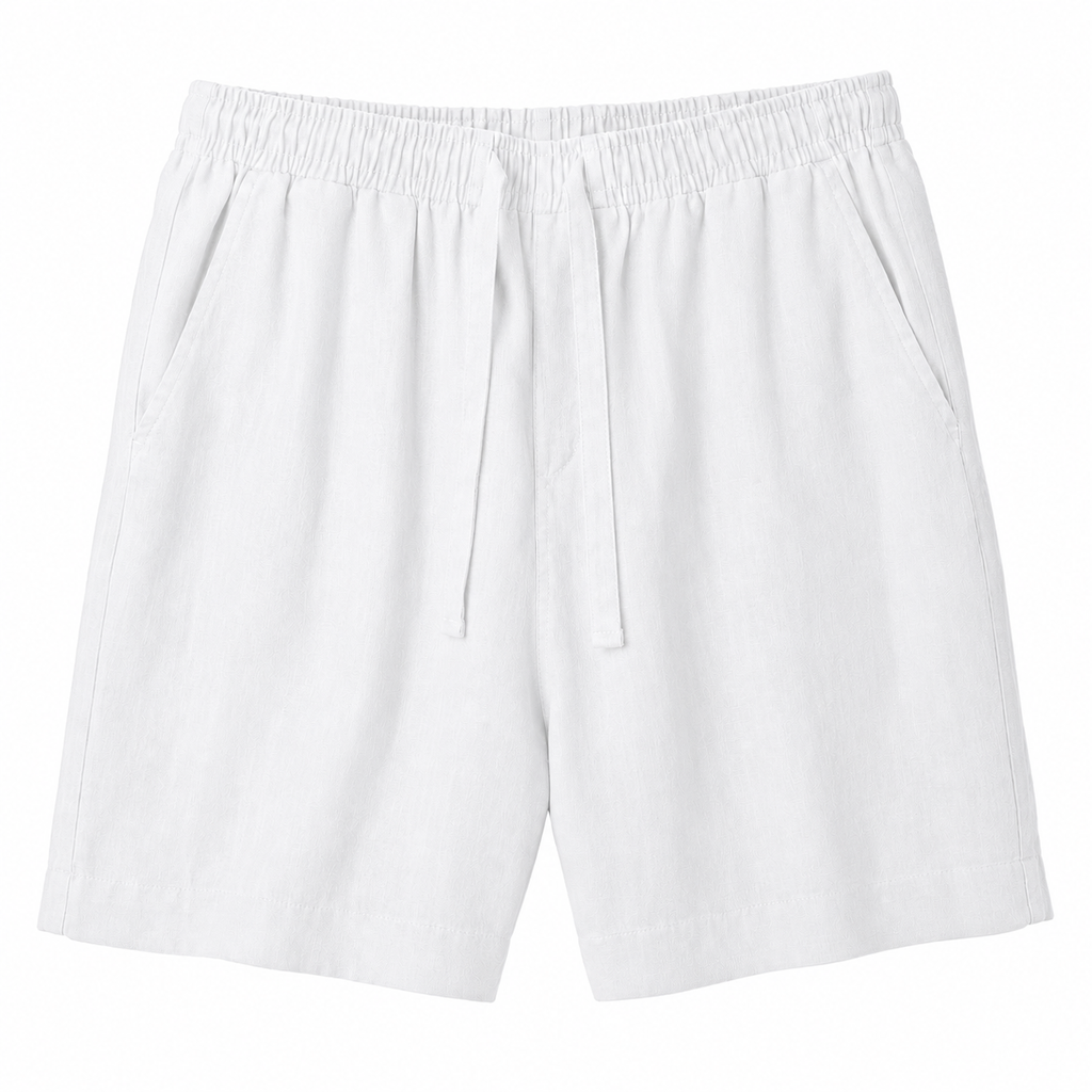 Men's white linen drawstring shorts on white background - Rivaro