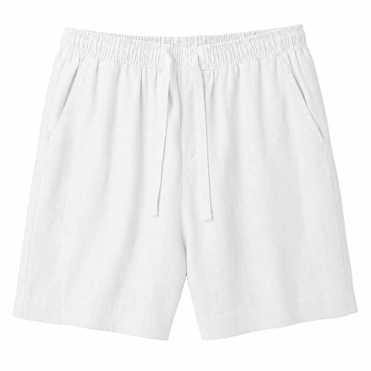 Men's white linen drawstring shorts on white background - Rivaro