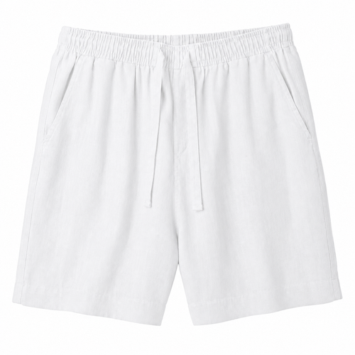 Men's white linen drawstring shorts on white background - Rivaro