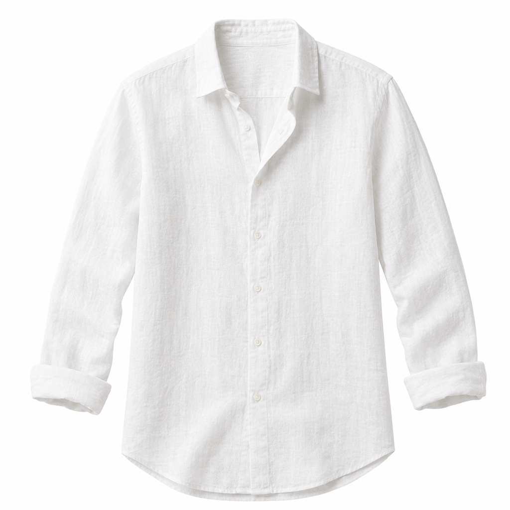 Men's classic white long-sleeve linen button-down shirt on white background - Rivaro