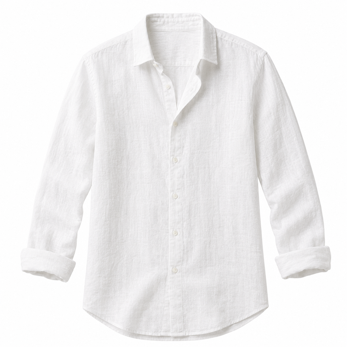Men's classic white long-sleeve linen button-down shirt on white background - Rivaro