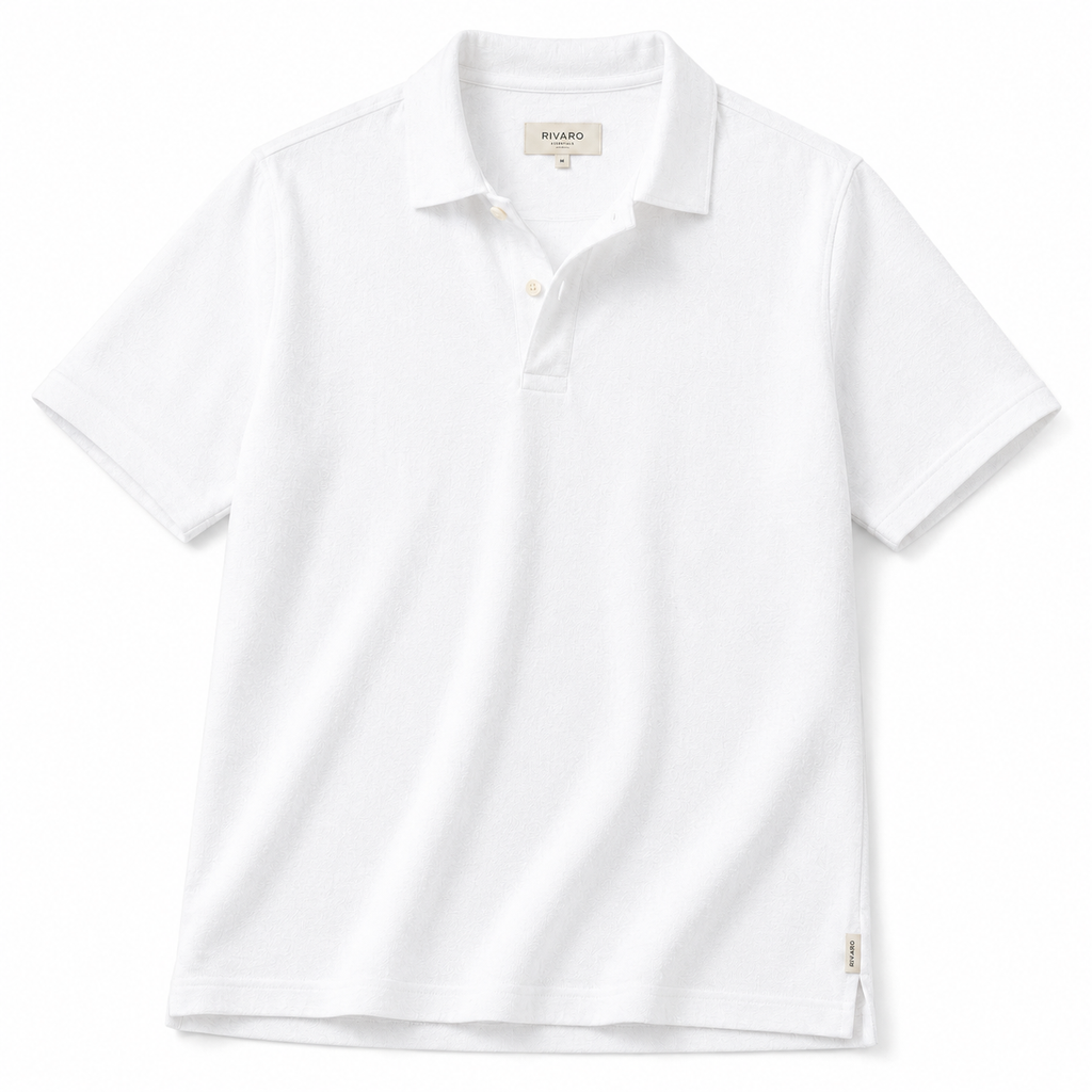 Men's classic white short-sleeve linen polo shirt on white background - Rivaro